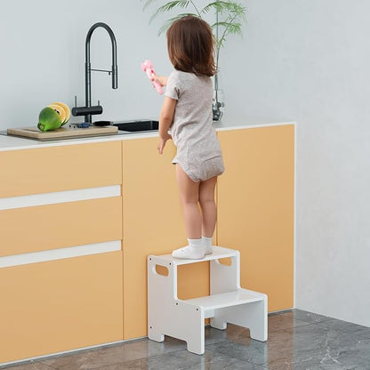 Wooden Step Stool,Two Stepping Stool for Kids/Adults,Supports 300 lbs Toddler Foot Stool,Toilet/Kitchen/Bed Step Stool,White 1 Pack