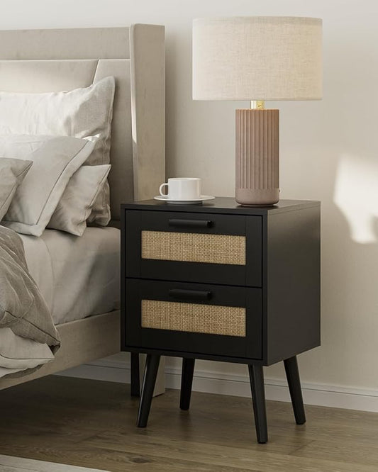 Masupu Rattan Night Stand, Modern nightstand Boho Bedside Table with 2 Drawer,Small End Side Table for Bedroom,Living Room,Office,Black