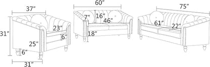Sectional Sofa Set, Microfiber Chesterfield Upholstered Sofas Loveseat Couch Chair Sets with Style Button Tufted, Scroll Arms and Nailhead for Living Room, Office, Apartment-Red,S