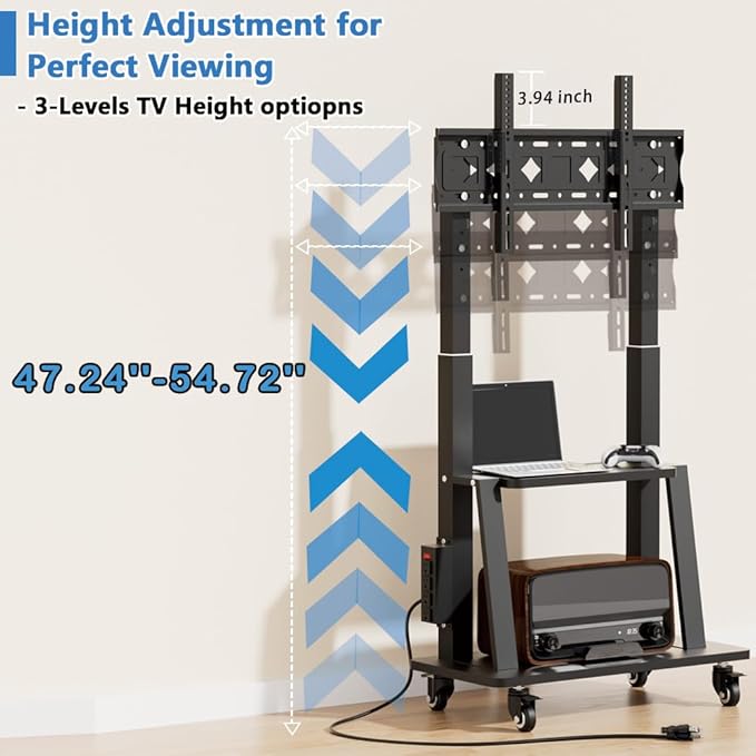 Mobile TV Cart with Power Outlet, Rolling TV Stand on Wheels for 32 to 65 70 75 83 inch TV, Height Adjustable,Holds up to 130LBS, Vesa 600×400mm.