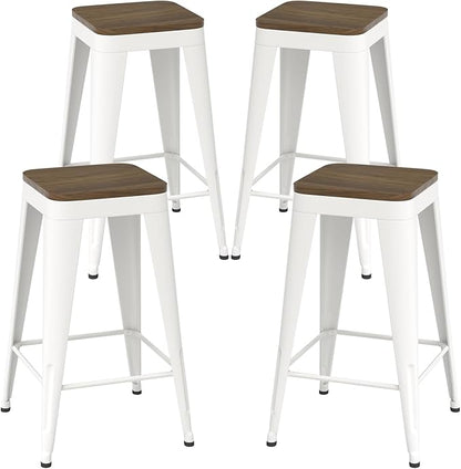 30 inch Backless Bar Stools Set of 4, Indoor Metal Bar Stools with Wood Seat, Industrial Counter Height Barstools for Kitchen Island, White