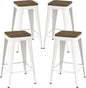 30 inch Backless Bar Stools Set of 4, Indoor Metal Bar Stools with Wood Seat, Industrial Counter Height Barstools for Kitchen Island, White