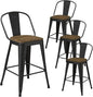 Metal Bar Stools Set of 4, High Back Bar Stools with Wooden Seat, 26 inch Black Barstools for Kitchen Island