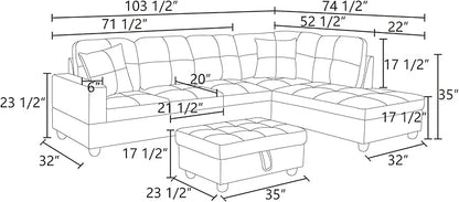 NicBex Sectional Couch 3 Pieces Sofa Set with Left Chaise Flannel L Shaped Cloud Couch for Living Room Furniture Sets with Storage Ottoman, Modular Sofa for Living Room & Apartment, Light Gray