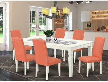 East West Furniture LGEN7-LWH-78 7 Piece Dining Set Consist of a Rectangle Dining Room Table with Butterfly Leaf and 6 Pink Flamingo Faux Leather Upholstered Chairs, 42x84 Inch, Linen White