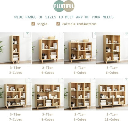 IOTXY Open Cube Low Bookcase - 3-Tier Freestanding Storage Display Cabinet Organizer with Legs for Home Office, 9-Cubes Open Shelf Short Bookshelf, Oak