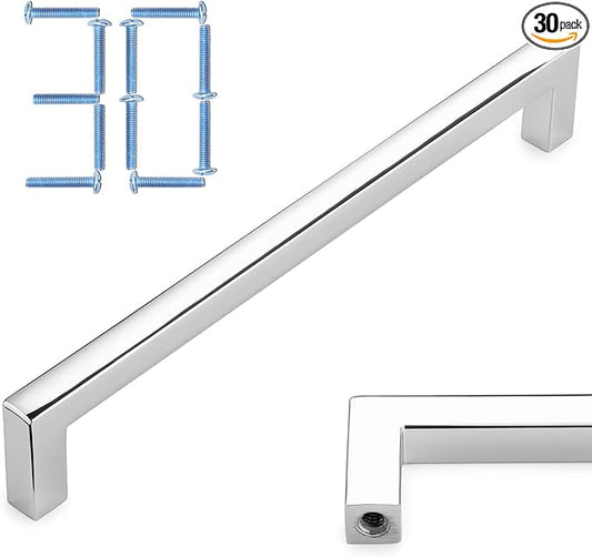KOOFIZO 30-Pack Solid Square Bar Cabinet Handle - Chrome Furniture Pull, 6.3 Inch/160mm Screwhole Distance for Kitchen Cupboard Door, Bedroom Dresser Drawer, Bathroom Wardrobe Hardware