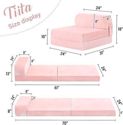 Tiita Folding Sofa Bed for Kids, Toddler Fold Out Couch with Removable Cover, Futon Sleeper Chair for Living Room, Guest Room, Pink