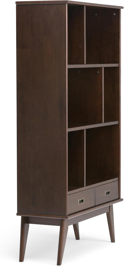 SIMPLIHOME Draper Bookcase - 64 inch Tall Solid Hardwood Wide Storage Bookshelf in Medium Auburn Brown, Mid-Century Modern Storage for Living Room or Office with Adjustable Shelves and Tapered Legs