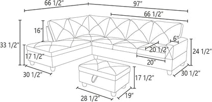 L-Shaped Sectional Sofa with Ottoman, Right-Facing Leather Modern Couch for Living Room, Bedroom, Office, Ginger Black