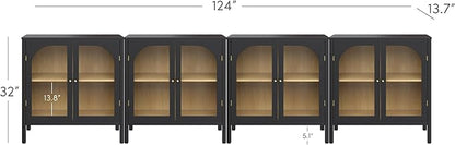 Nathan James Mason Storage Cabinet Accent Sideboard Buffet Credenza TV Stand with Glass Doors and Adjustable Shelf in Black Wood for Dining Room, Entryway and Living Room, Clear Glass/Black, Set of 4