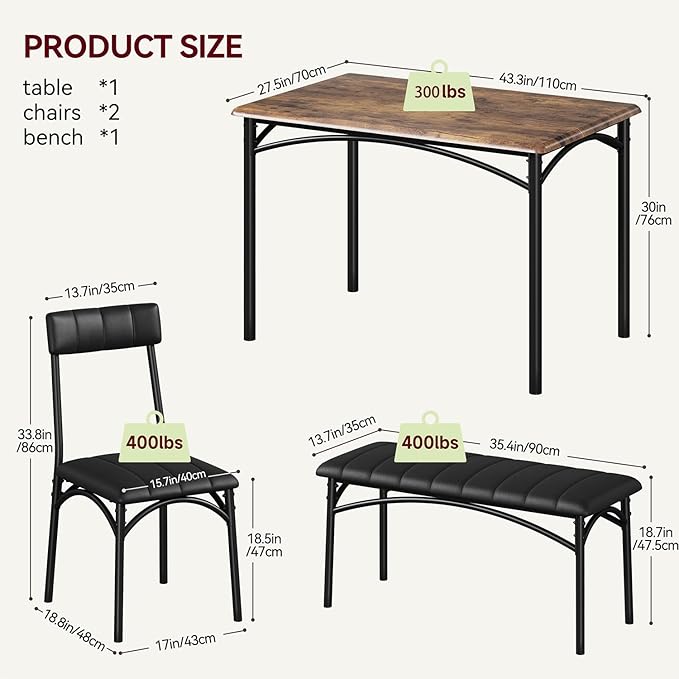 GarveeHome Dining Table Set for 4, Kitchen Table with Upholstered Chairs and Bench, Wood Rectangular Dining Table and Chairs Set for Small Space, Apartment, Dinner, Rustic Brown