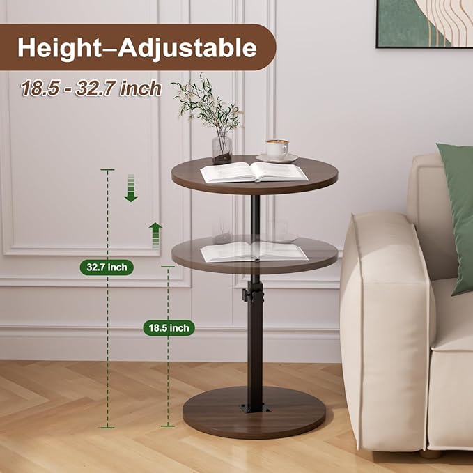 Adjustable Side Table, Round End Table, Small Bedside Table, Mid Century Modern Nightstand for Living Room, Bedroom, Corners and Office (Walnut)
