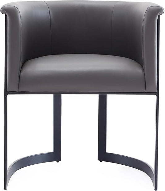 Manhattan Comfort Corso Faux Leather Upholstered Dining Chair, Barrel-Style Foam Padded Seat, Unique Geometric Metal Frame, Fully Assembled Accent Furniture, Grey