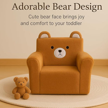 Cute Animal Toddler Foam Chair, Soft Faux Rabbit Fur, Comfy Toddler Lounge Chair and Couch with Arms, Removable Washable Cover, Kids Reading, Relaxing, for Playroom, Bedroom, Ages 1-3, Bear