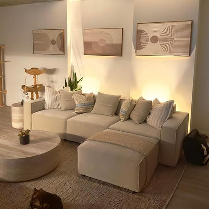 Acanva Luxury Modular Sectional Living Room Sofa Set, Modern Minimalist Style Couch with Ottoman and Chaise, L-Shape, Linen-Like Cream