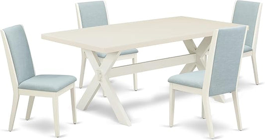 East West Furniture X027LA015-5 5 Piece Dining Room Furniture Set Includes a Rectangle Dining Table with X-Legs and 4 Baby Blue Linen Fabric Upholstered Chairs, 40x72 Inch, Multi-Color