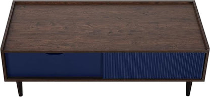 Manhattan Comfort Duane Mid Century Modern Coffee Table with Drawer & Cubby Shelf, Living Room Furniture with Ribbed Flat Design, Wood Grain Laminate Finish & Durable Iron Metal Feet, Navy Blue
