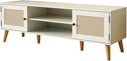 TV Stand for TVs up to 65 inches, Rattan Grain Finish Panel with 2 Storage cabinets, Modern Minimalist Style, Living Room, Audio-Visual Room for Multiple Rooms,3 Colors Available (White)