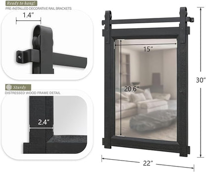 Farmhouse Barn Door Mirror: 22"x30" Black Rustic Wood Frame Mirror for Wall - Home Decor for Entryway/Bathroom/Living Room
