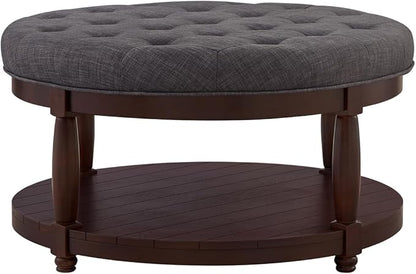 24KF Upholstered Round Coffee Table with Wooden Shelf, Tufted Button Large Round Ottoman with Spindle Wooden Legs, Linen Large Footrest Ottoman Pouf for Living Room, Dark Gray