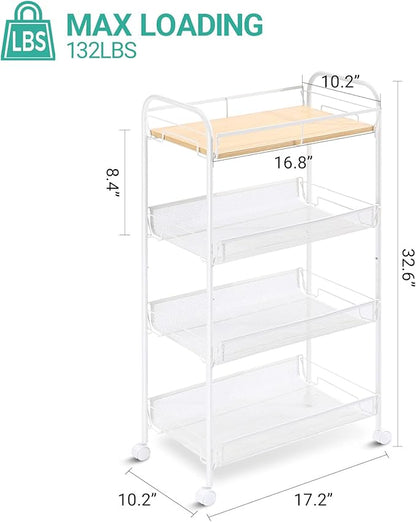 KINGRACK 4-Tier Rolling Cart,Metal Utility Cart with Wooden Tabletop,Easy Assemble Mobile Storage Trolley On Wheels,Craft Storage Cart for Bedroom Kid's Room Office Kitchen Bathroom,White