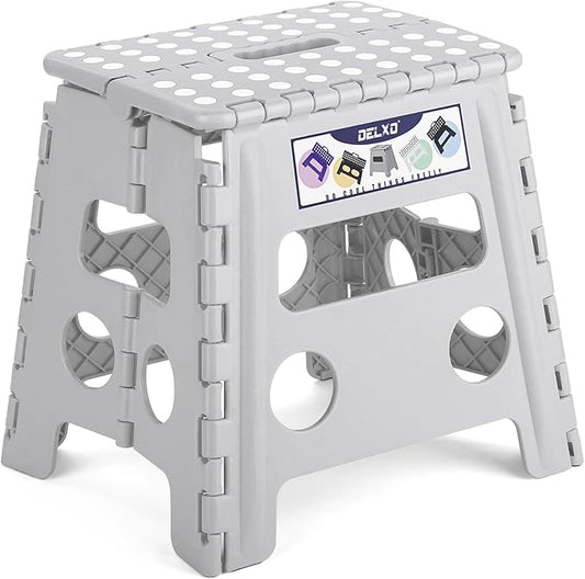 Delxo Folding Step Stool, 13 inch Non-Slip Foldable Stools Up to 300 LBS, Step Stool with Handle, Lightweight for Kitchen, Bathroom, Bedroom, Garden, Grey, 1PC