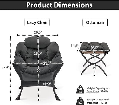 Lazy Chair with Folding Ottoman, Accent Chair Velvet Upholstered with Metal Structure and Non-Slip Pads, Sofa Armchair with Footrest and Side Storage Bag for Dorm, Office, Charcoal