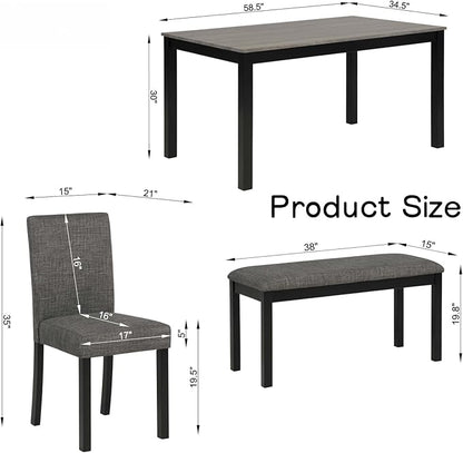 Dining Table Set for 5, 6-Piece Kitchen Table & Chairs Set with Rectangular Table, Bench & 4 Upholstered Chairs, 39'' Dinner Set with Wood Legs & Curved Backrest for Kitchen, Light Black