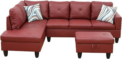 NicBex Sectional Couch 3 Pieces Sofa Set with Right Chaise Faux Leather L Shaped Cloud Couch for Living Room Furniture Sets with Storage Ottoman, Modular Sofa for Living Room & Apartment, Red