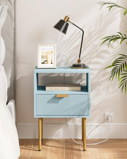 Nightstand,Morden Bedside Table with Gold Frame,Small White Night Stand,End Table,Bedside Furniture,Side Table with Drawer and Shelf for Bedroom,Living Room (1Drawer, Blue-Outlet)
