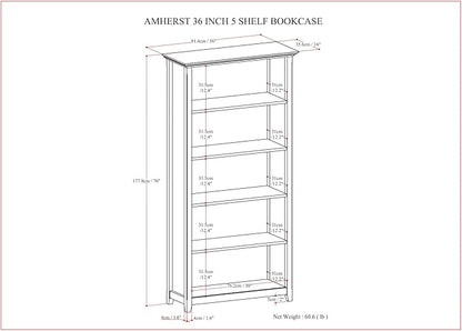 SIMPLIHOME Amherst Bookcase - 70 inch Tall 5-Shelf Solid Wood Bookshelf in Hickory Brown, Transitional Storage for Living Room, Study Room or Office with Adjustable Shelves and Tapered Legs