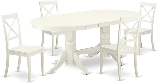 East West Furniture VABO5-LWH-W 5 Piece Kitchen Table Set for 4 Includes an Oval Dining Room Table with Butterfly Leaf and 4 Solid Wood Seat Chairs, 40x76 Inch, Linen White