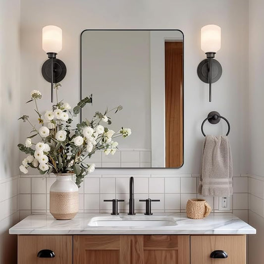 ANDY STAR 36”x48” Black Bathroom Mirror, Wall Mirror for Bathroom, Rounded Rectangle Mirror in Premium Stainless Steel Metal Frame Hangs Horizontal Or Vertical (Matte Black)