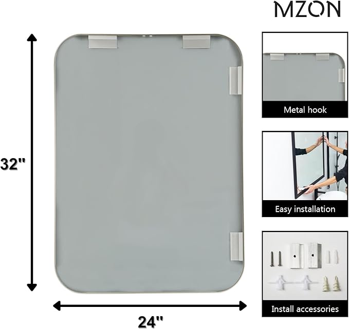MZON 24x32Inch Brushed Nickel Bathroom Mirror, Rectangle Wall Mounted Mirror for Bathroom or Entryway, Anti-Rust Frame & Tempered Glass, Hangs Horizontally/Vertically - Farmhouse or Bathroom Decor