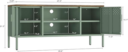 Manhattan Comfort Landen 47" Modern Metal TV Stand with Storage Cabinets & Open Shelves, Holds Up to 40" Screen, TV Console with Natural Wood Top, Cable Management, Adjustable Legs, Green