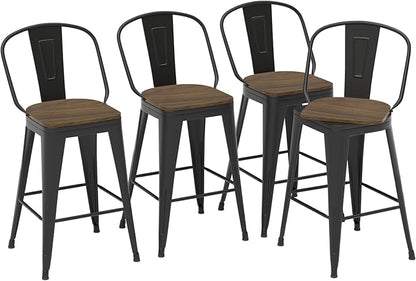 30” Swivel Bar Stools Set of 4, Counter Height Bar Stools Wooden Seat, Metal Industrial Bar Chairs with High Back for Kitchen Island (Black)