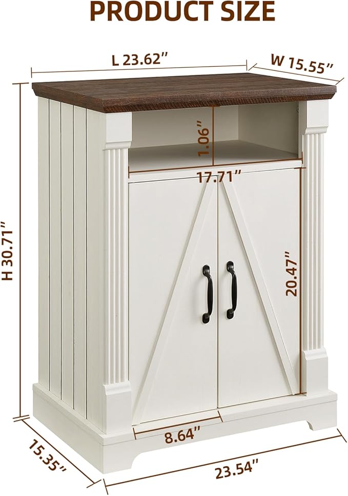 24" Farmhouse Storage Cabinet with Barn Doors, Antique White Freestanding Sideboard Buffet with Adjustable Shelf, Pantry Hutch Coffee Bar for Kitchen Bathroom Living Room - Small Floor Cabinet