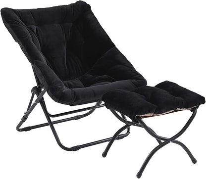 Comfy Folded Chair with Ottoman, Oversized Folding Faux Fur Chair Soft Furry Lounge Lazy Chair with Metal Frame Moon Chair Accent Chair for Bedroom, Living Room, Dorm Rooms