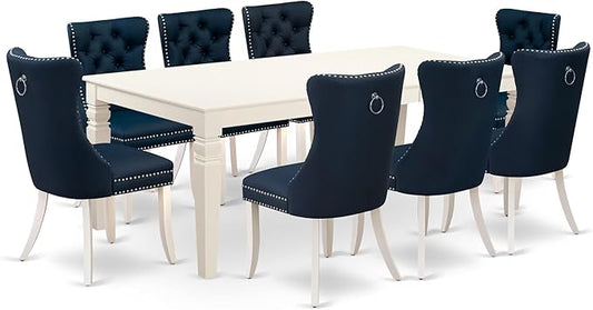 East West Furniture LGDA9-LWH-29 9 Piece Dining Table Set Includes a Rectangle Wooden Table with Butterfly Leaf and 8 Polyester Fabric Upholstered Chairs, 42x84 Inch, linen white