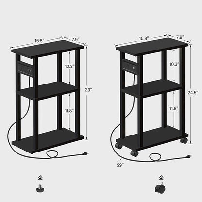 TUTOTAK Small Narrow Side Table with Charging Station, Skinny End Table for Small Spaces, Slim Nightstand with USB Ports and Outlet, Sofa Beside Table with Wheels, Black TB01BK046