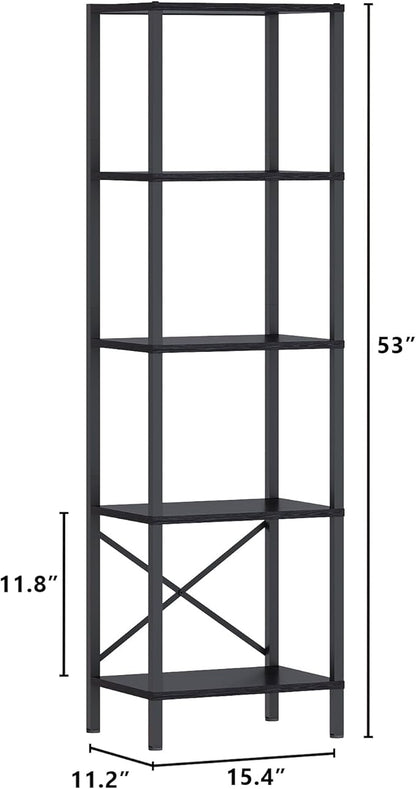5-Tier Bookshelf, Tall Narrow Bookcase with LED Lights, Book Shelf with Steel Frame, Display Storage Shelf for Living Room, Bedroom, Home Office, Study, Balcony, Black