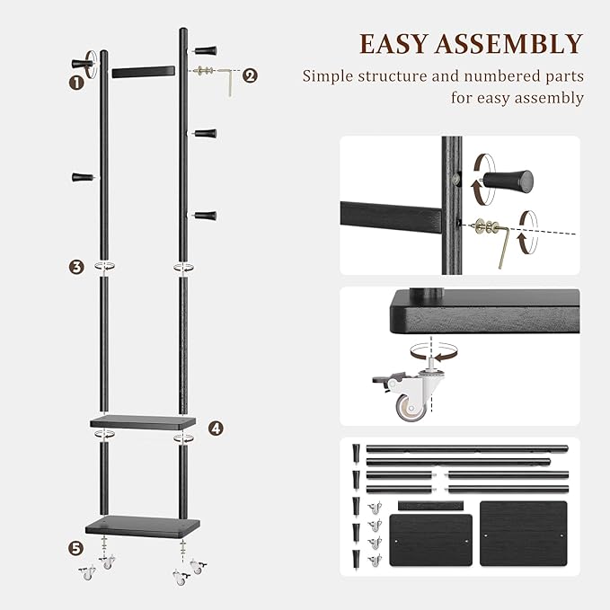 Coat Rack Freestanding Clothing Rack with Wheels & 2 Shelves Storage & 5 Hooks Heavy Duty Clothes Rack Wood Coat Tree Stand Hat Hanger Rack for Corner Bedroom Entryway Living Room Hotel