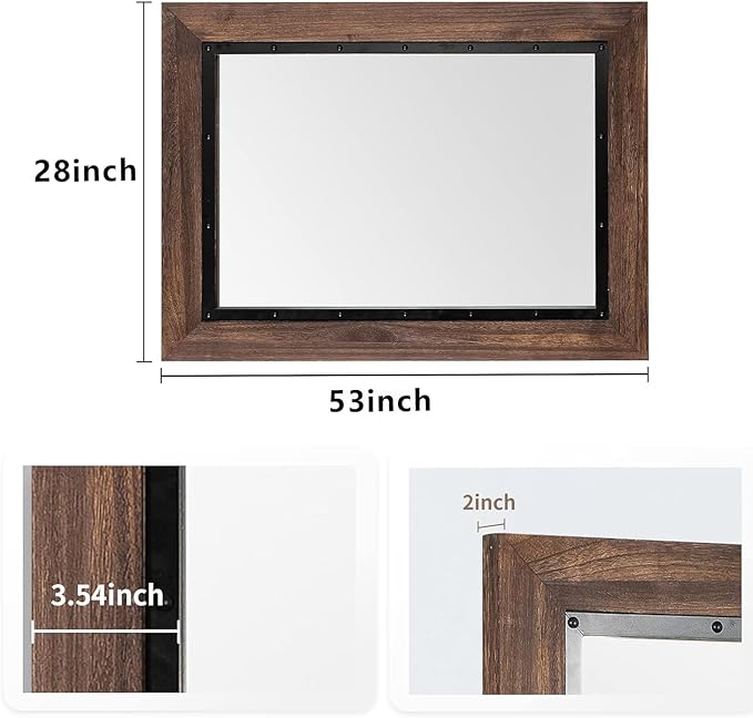 YOSHOOT Rustic Wooden Framed Wall Mirror, Natural Wood and Iron Bathroom Vanity Mirror for Farmhouse Decor, Vertical or Horizontal Hanging, 53" x 28", Brown