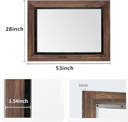 YOSHOOT Rustic Wooden Framed Wall Mirror, Natural Wood and Iron Bathroom Vanity Mirror for Farmhouse Decor, Vertical or Horizontal Hanging, 53" x 28", Brown