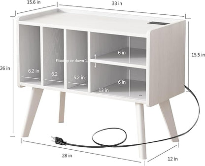 Forevich Record Player Stand Table with Vinyl Storage Holder Large Turntable Record Stand with Power Outlet Holds Up to 220 Albums Display Shelf Cabinet with Wood Legs for Living Room White