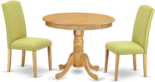 East West Furniture ANEN3-OAK-07 3 Piece Dining Room Furniture Set Contains a Round Kitchen Table with Pedestal and 2 Limelight Linen Fabric Parson Dining Chairs, 36x36 Inch, Oak