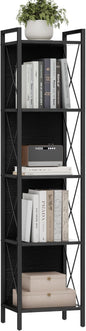 Homhedy 5 Tier Bookshelf Bookcase, Tall Narrow Bookshelf for Small Space, Metal Storage Shelves with Back Panel, for Home Office, Living Room, Kitchen, Bedroom, Industrial Style, Black