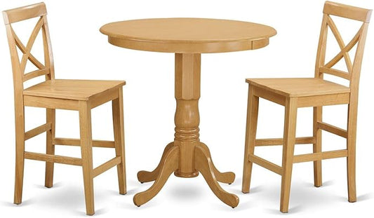 East West Furniture JAPB3-OAK-W 3 Piece Counter Height Pub Set for Small Spaces Contains a Round Kitchen Table with Pedestal and 2 Dining Room Chairs, 36x36 Inch, Oak