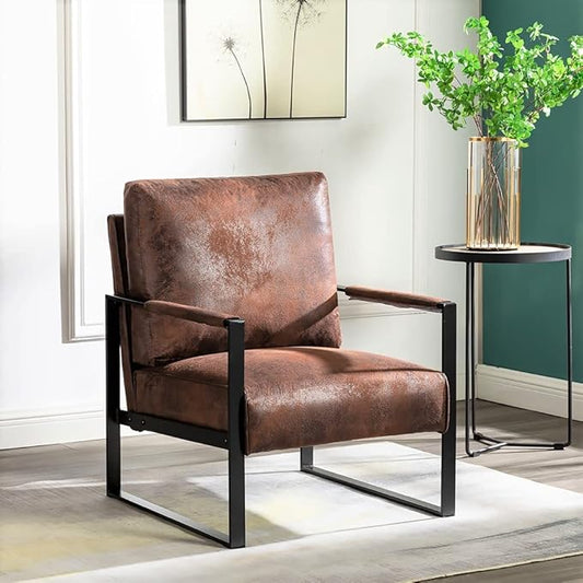 Container Furniture Classic Mid Century Modern Accent Chair with Durable Square Metal Frame, Armchair for Living Room, Bedroom, Home Office in Spotted Microfiber Upholstery, Brown